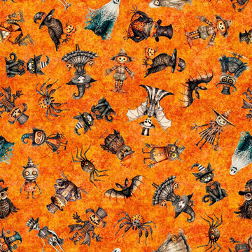 Jeepers Creepers Halloween Character Toss 31009 Orange O - QT Fabrics - Cat Witch Jack-O'-Lanterns - Quilting Cotton Fabric