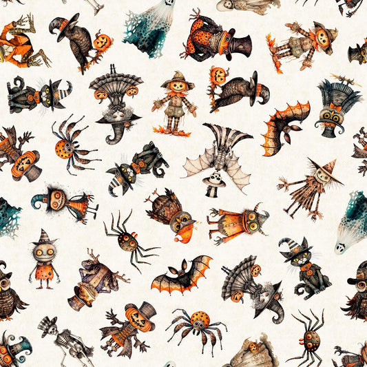 Jeepers Creepers Halloween Character Toss 31009 Cream E - QT Fabrics - Cat Witch Jack-O'-Lanterns - Quilting Cotton Fabric