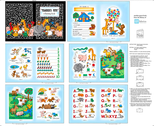 Fabric Books Teacher's Pet Book Panel 27254  Multi X - - QT Fabrics - Baby Book Counting Letters Numbers Animals - Quilting Cotton Fabric