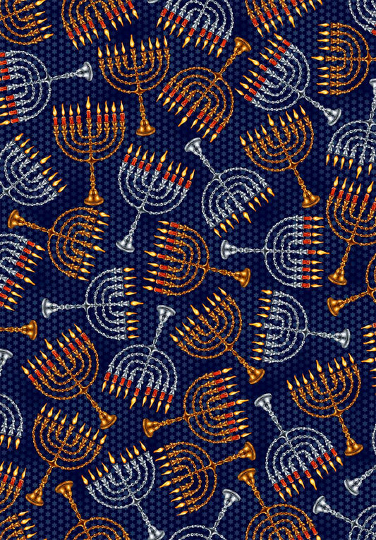 SALE Hanukkah Festival Menorahs 30273 Navy N - QT Fabrics - Quilting Cotton Fabric