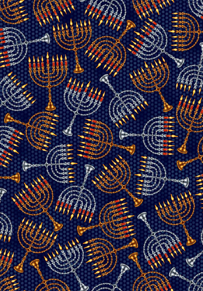 SALE Hanukkah Festival Menorahs 30273 Navy N - by QT Fabrics - Quilting Cotton Fabric