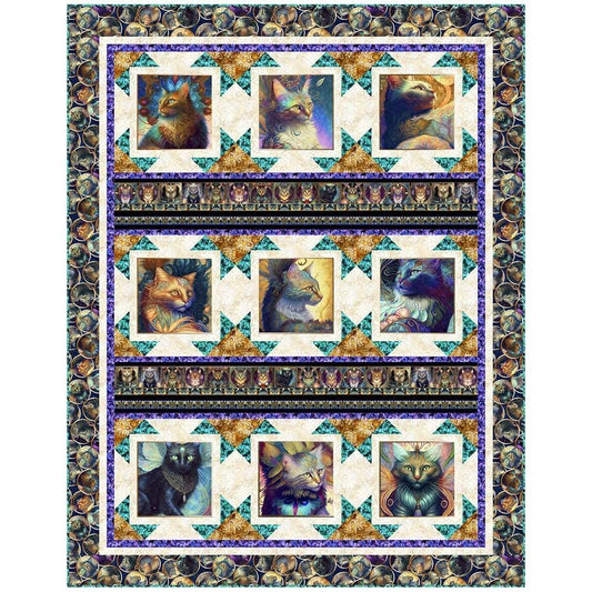 SALE Glamour Shots Quilt Kit - QT Fabrics - Pattern Fabric - Cats Kittens Fantasy Magical - Feline Fantasia - Quilting Cotton Fabric