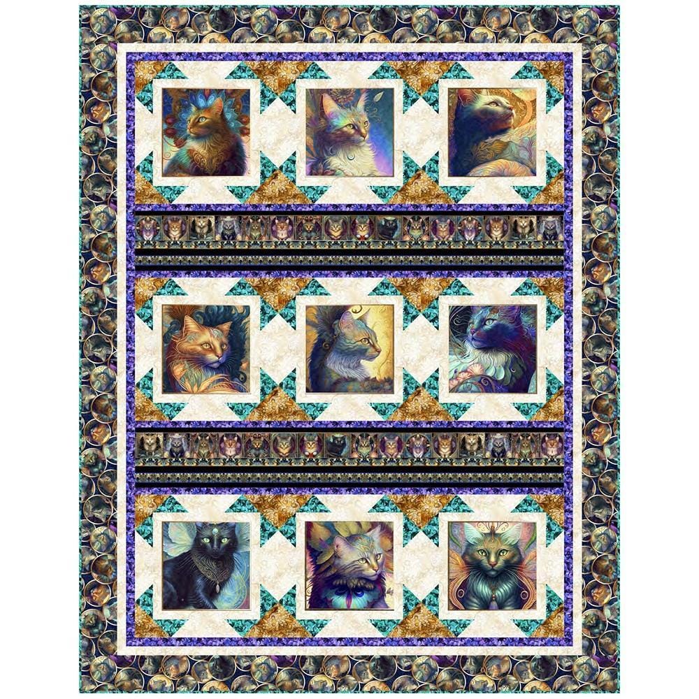 Glamour Shots Quilt Kit - QT Fabrics - Pattern Fabric - Cats Kittens Fantasy Magical - Feline Fantasia - Quilting Cotton Fabric