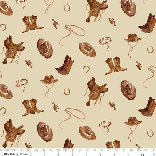 29" End of Bolt Piece - Ride the Range Accessories C12741 Cream - Riley Blake - Hats Boots Ropes Saddles Horseshoes - Quilting Cotton Fabric