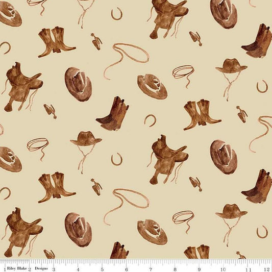 16" End of Bolt Piece - Ride the Range Accessories C12741 Cream - Riley Blake - Hats Boots Ropes Saddles Horseshoes - Quilting Cotton Fabric