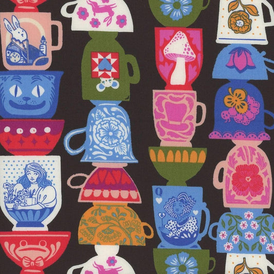 Hello Alice Tea RS2122 Black - Moda Fabrics - Teacups Mugs Novelty Houseware - Ru- Star - Quilting Cotton Fabric