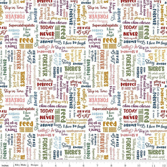 Image of A Spoonful of Sugar Storybook Cloud quilting cotton fabric by Jennifer Long for Riley Blake Designs. Features words on a white background. Cute Little Fabric Shop