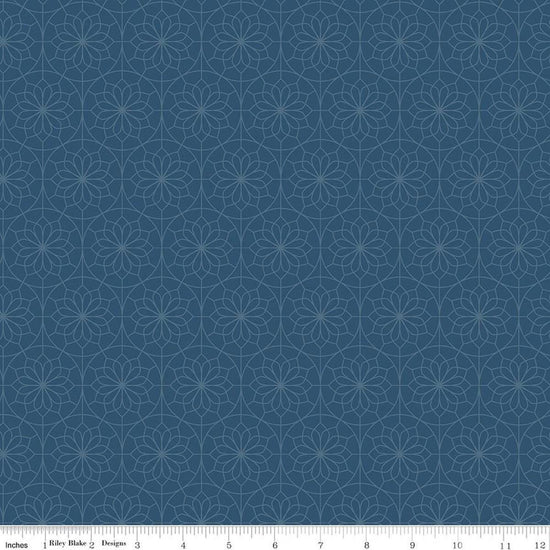 Image of A Spoonful of Sugar Lace Parasol Evening quilting cotton fabric by Jennifer Long for Riley Blake Designs. Features medallions on a blue background. Cute Little Fabric Shop