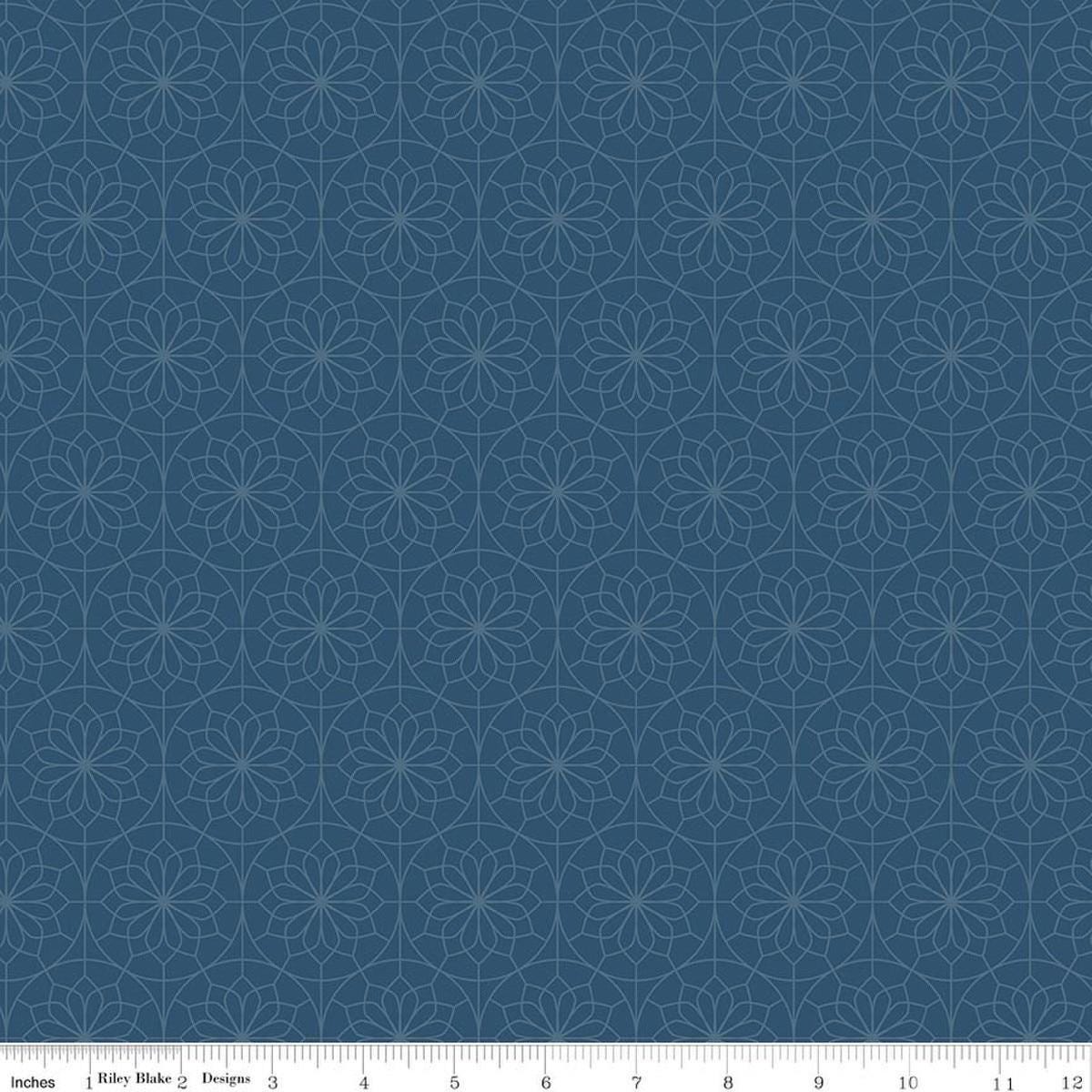 Image of A Spoonful of Sugar Lace Parasol Evening quilting cotton fabric by Jennifer Long for Riley Blake Designs. Features medallions on a blue background. Cute Little Fabric Shop