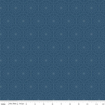Image of A Spoonful of Sugar Lace Parasol Evening quilting cotton fabric by Jennifer Long for Riley Blake Designs. Features medallions on a blue background. Cute Little Fabric Shop