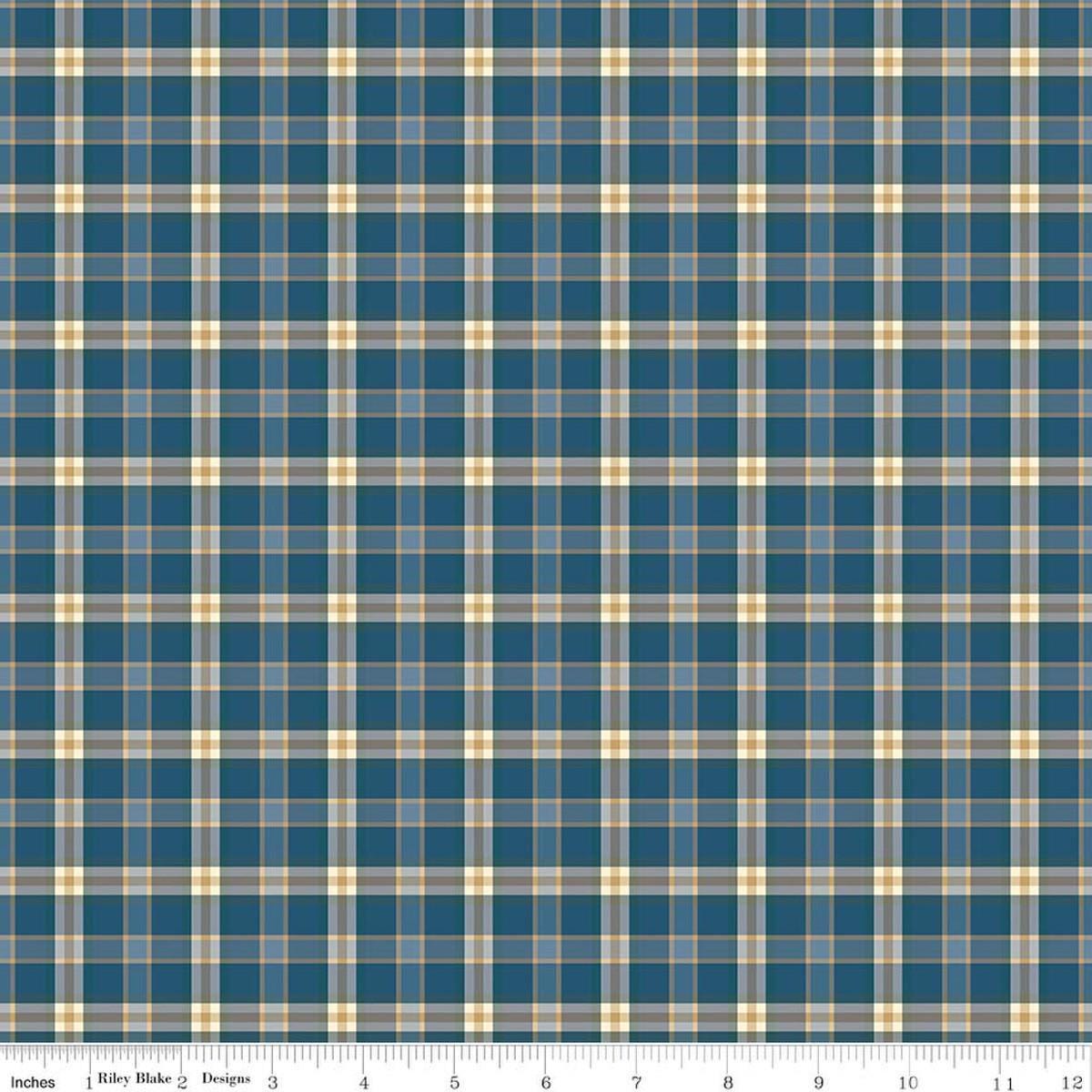 Image of A Spoonful of Sugar Plaid Poppins Evening quilting cotton fabric by Jennifer Long for Riley Blake Designs. Features plaid on a blue background. Cute Little Fabric Shop