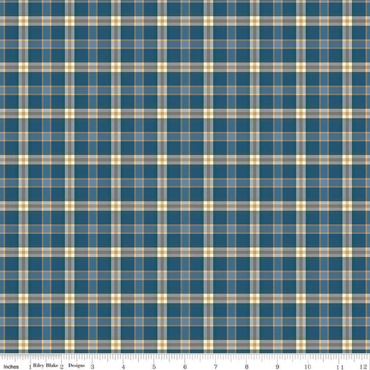 Image of A Spoonful of Sugar Plaid Poppins Evening quilting cotton fabric by Jennifer Long for Riley Blake Designs. Features plaid on a blue background. Cute Little Fabric Shop