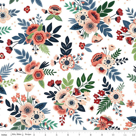 Image of A Spoonful of Sugar Floral Cloud quilting cotton fabric by Jennifer Long for Riley Blake Designs. Features flowers on a white background. Cute Little Fabric Shop