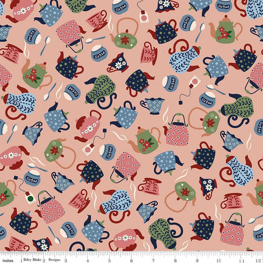 Image of A Spoonful of Sugar Tea & Sugar Peach quilting cotton fabric by Jennifer Long for Riley Blake Designs. Features teapots on a pink background. Cute Little Fabric Shop