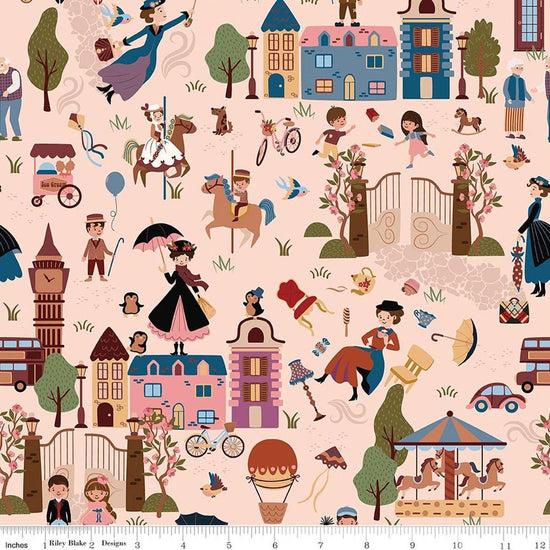 Image of A Spoonful of Sugar Cherry Tree Lane Main Champagne quilting cotton fabric by Jennifer Long for Riley Blake Designs. Features buildings on a pink background. Cute Little Fabric Shop