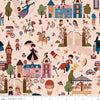 Image of A Spoonful of Sugar Cherry Tree Lane Main Champagne quilting cotton fabric by Jennifer Long for Riley Blake Designs. Features buildings on a pink background. Cute Little Fabric Shop