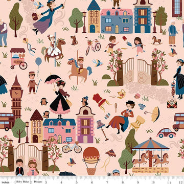 Image of A Spoonful of Sugar Cherry Tree Lane Main Champagne quilting cotton fabric by Jennifer Long for Riley Blake Designs. Features buildings on a pink background. Cute Little Fabric Shop