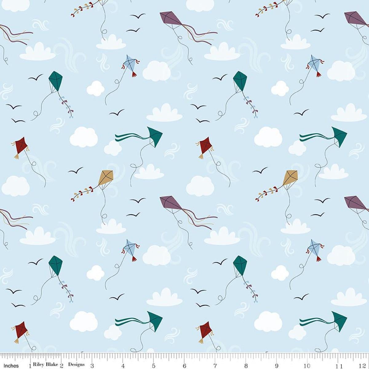 Image of A Spoonful of Sugar Let's Go Fly A Kite Sky quilting cotton fabric by Jennifer Long for Riley Blake Designs. Features kites on a blue background. Cute Little Fabric Shop