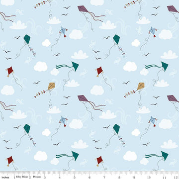 Image of A Spoonful of Sugar Let's Go Fly A Kite Sky quilting cotton fabric by Jennifer Long for Riley Blake Designs. Features kites on a blue background. Cute Little Fabric Shop