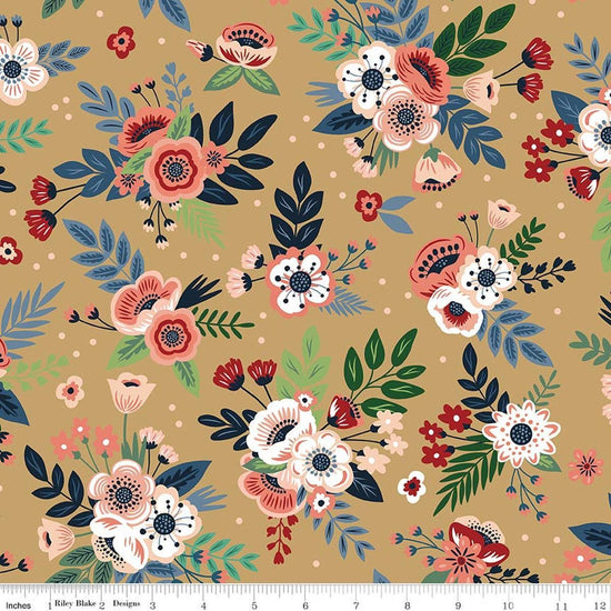 Image of A Spoonful of Sugar Floral Sunrise quilting cotton fabric by Jennifer Long for Riley Blake Designs. Features flowers on a yellow background. Cute Little Fabric Shop