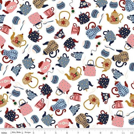 Image of A Spoonful of Sugar Tea & Sugar Cloud quilting cotton fabric by Jennifer Long for Riley Blake Designs. Features teapots on a white background. Cute Little Fabric Shop