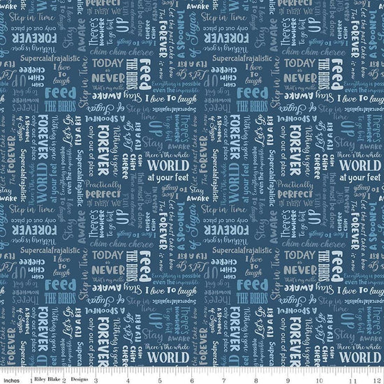 Image of A Spoonful of Sugar Storybook Night quilting cotton fabric by Jennifer Long for Riley Blake Designs. Features words on a blue background. Cute Little Fabric Shop