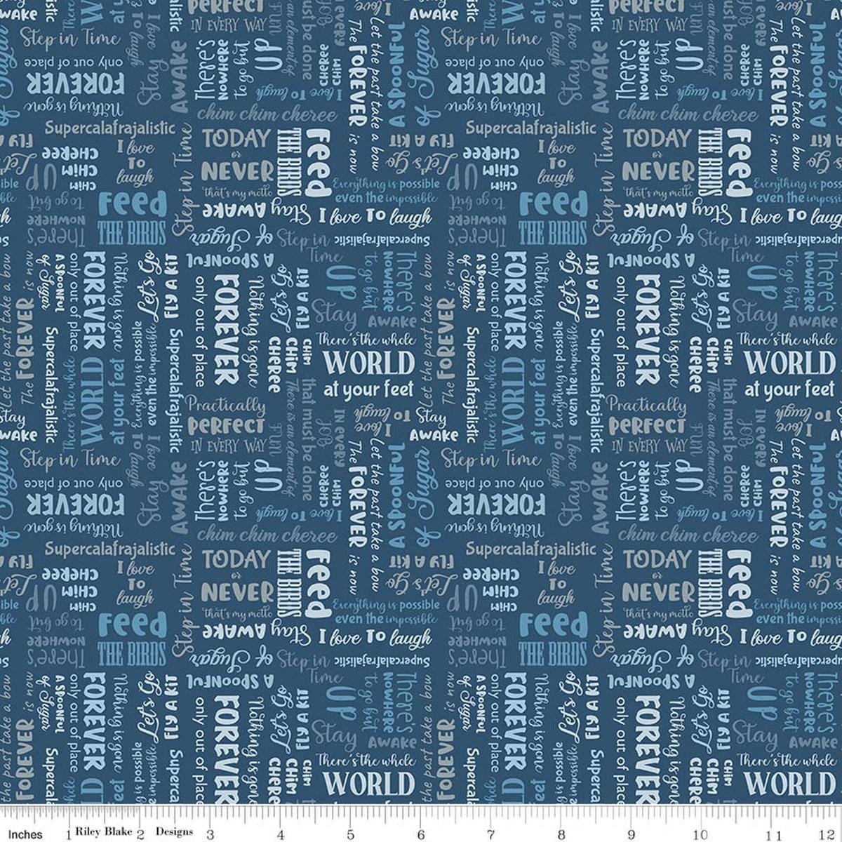 Image of A Spoonful of Sugar Storybook Night quilting cotton fabric by Jennifer Long for Riley Blake Designs. Features words on a blue background. Cute Little Fabric Shop
