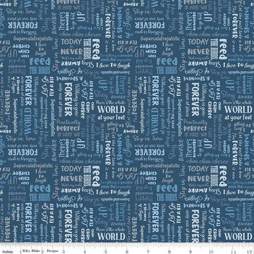 Image of A Spoonful of Sugar Storybook Night quilting cotton fabric by Jennifer Long for Riley Blake Designs. Features words on a blue background. Cute Little Fabric Shop