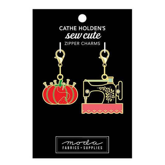 SALE Sew Cute Zipper Charms Enamel Pin Cushion & Sewing Machine CH103 - Cathe Holden - Moda Fabrics - Two Count - Lobster Clasps