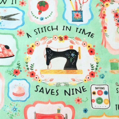 SALE A Stitch in Time Saves Nine CX10218 Mist by Michael Miller - Sewing Machines Equipment Notions Dress Forms  - Quilting Cotton Fabric