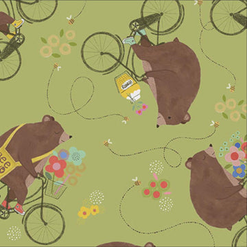 Bee Beary Happy Bears On Bikes 31672 Avocado H - QT Fabrics - Animal Bicycle Flowers - Quilting Cotton Fabric