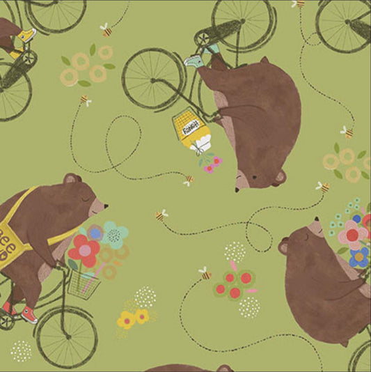 Bee Beary Happy Bears On Bikes 31672 Avocado H - QT Fabrics - Animal Bicycle Flowers - Quilting Cotton Fabric