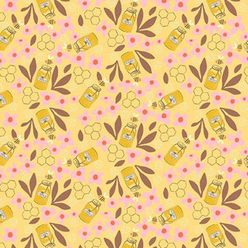 SALE Bee Beary Happy Honey Jars 31675 Banana S - QT Fabrics - Bees Flowers Wings Hexagons Blossoms - Quilting Cotton Fabric