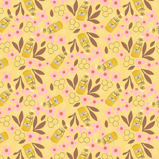 SALE Bee Beary Happy Honey Jars 31675 Banana S - QT Fabrics - Bees Flowers Wings Hexagons Blossoms - Quilting Cotton Fabric