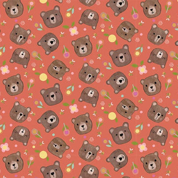 Bee Beary Happy Bear Faces 31677 Dark Coral C - QT Fabrics - Flowers Bees Petals - Quilting Cotton Fabric