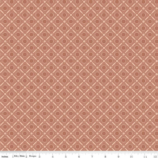 Image of Ambleside Peels Dusty Rose quilting cotton fabric by Amanda Niederhauser for Riley Blake Designs. Features a geometric design on an orange background. Cute Little Fabric Shop