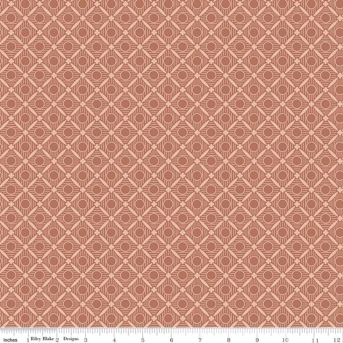 Image of Ambleside Peels Dusty Rose quilting cotton fabric by Amanda Niederhauser for Riley Blake Designs. Features a geometric design on an orange background. Cute Little Fabric Shop