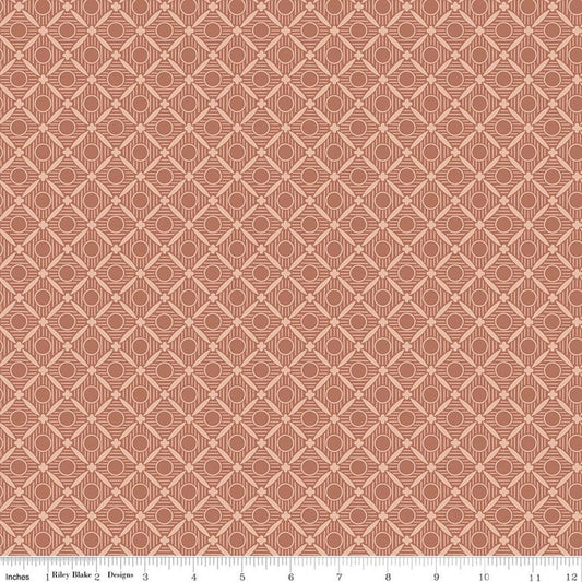Image of Ambleside Peels Dusty Rose quilting cotton fabric by Amanda Niederhauser for Riley Blake Designs. Features a geometric design on an orange background. Cute Little Fabric Shop