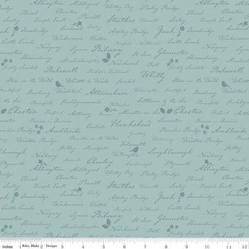 Image of Ambleside Town Names Blue quilting cotton fabric by Amanda Niederhauser for Riley Blake Designs. Features text on a blue background. Cute Little Fabric Shop