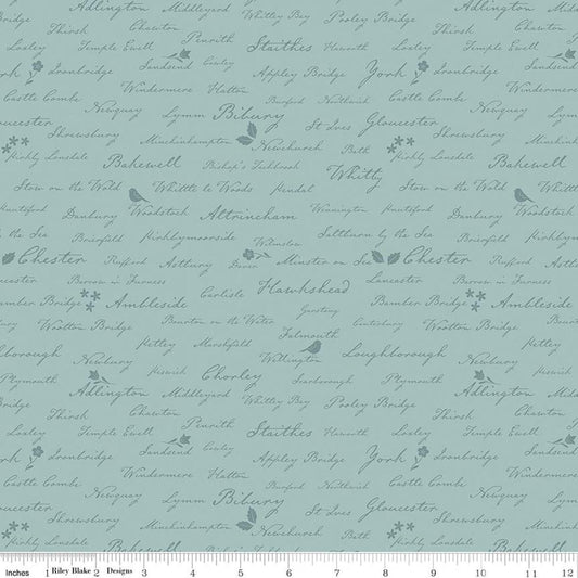 Image of Ambleside Town Names Blue quilting cotton fabric by Amanda Niederhauser for Riley Blake Designs. Features text on a blue background. Cute Little Fabric Shop
