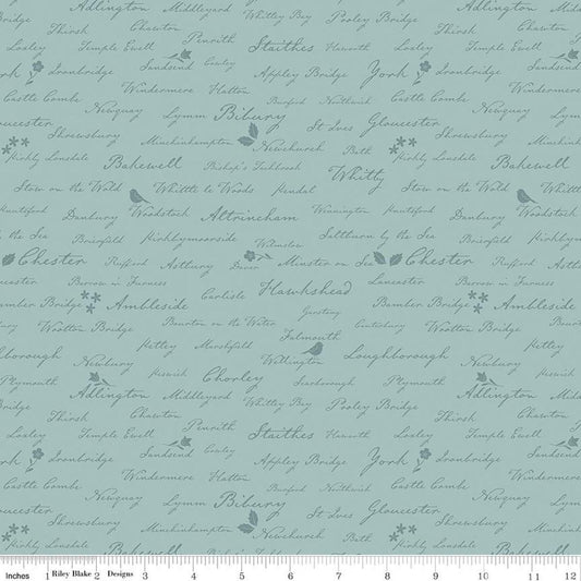 Image of Ambleside Town Names Blue quilting cotton fabric by Amanda Niederhauser for Riley Blake Designs. Features text on a blue background. Cute Little Fabric Shop
