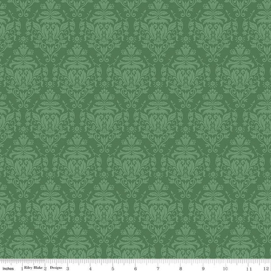Image of Ambleside Damask Green quilting cotton fabric by Amanda Niederhauser for Riley Blake Designs. Features flowers on a green background. Cute Little Fabric Shop