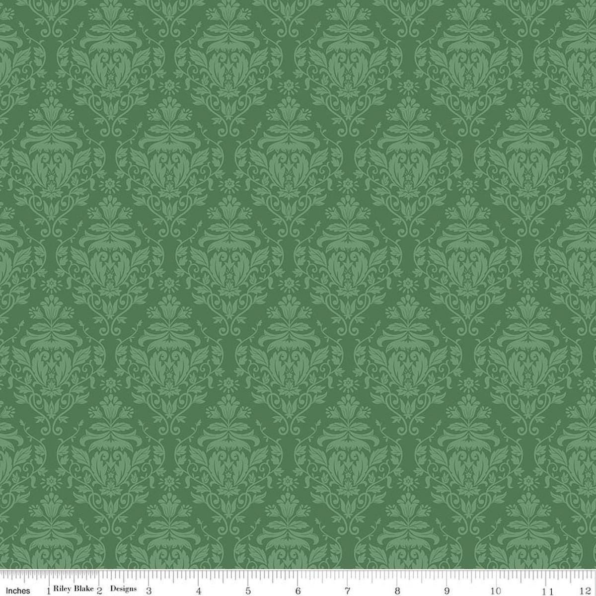 Image of Ambleside Damask Green quilting cotton fabric by Amanda Niederhauser for Riley Blake Designs. Features flowers on a green background. Cute Little Fabric Shop