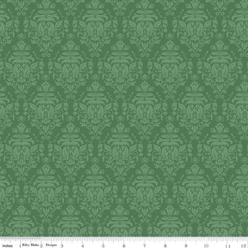 Image of Ambleside Damask Green quilting cotton fabric by Amanda Niederhauser for Riley Blake Designs. Features flowers on a green background. Cute Little Fabric Shop