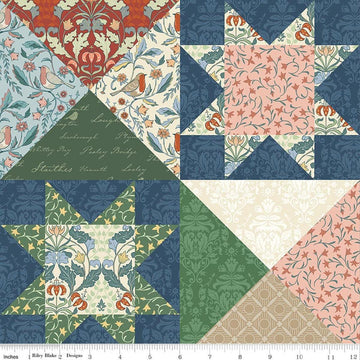 Image of Ambleside Cheater Print Multi quilting cotton fabric by Amanda Niederhauser for Riley Blake Designs. Features printed quilt blocks on a blue background. Cute Little Fabric Shop