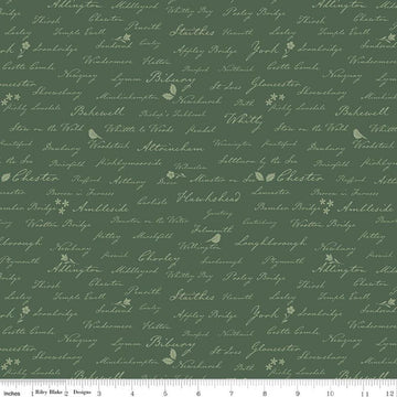 Image of Ambleside Town Names Forest quilting cotton fabric by Amanda Niederhauser for Riley Blake Designs. Features test on a green background. Cute Little Fabric Shop