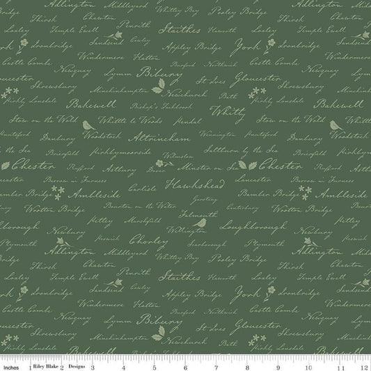 Image of Ambleside Town Names Forest quilting cotton fabric by Amanda Niederhauser for Riley Blake Designs. Features test on a green background. Cute Little Fabric Shop