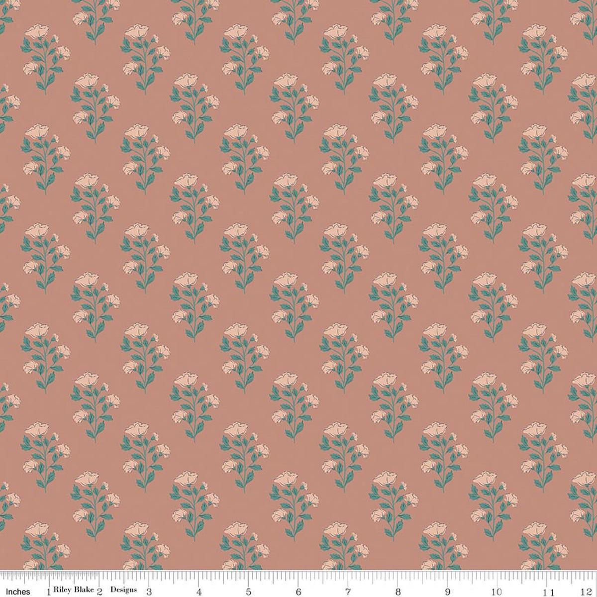 Image of Ambleside Flower Toss Dusty Rose quilting cotton fabric by Amanda Niederhauser for Riley Blake Designs. Features flowers on an orange background. Cute Little Fabric Shop