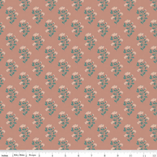 Image of Ambleside Flower Toss Dusty Rose quilting cotton fabric by Amanda Niederhauser for Riley Blake Designs. Features flowers on an orange background. Cute Little Fabric Shop