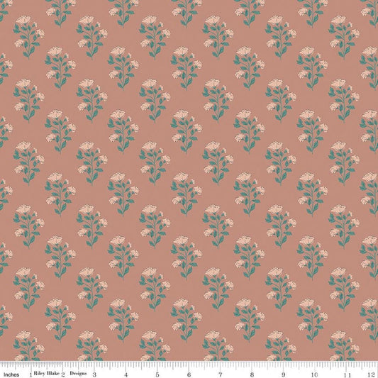 Image of Ambleside Flower Toss Dusty Rose quilting cotton fabric by Amanda Niederhauser for Riley Blake Designs. Features flowers on an orange background. Cute Little Fabric Shop